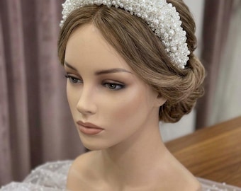 Diadema nupcial de perlas hecha a mano, corona de boda con cuentas, elegante accesorio para el cabello