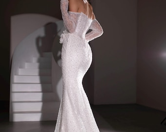 Luxury Beaded Mermaid Wedding Dress, Off Shoulder Bridal Gown, Sparkly Crystal Wedding Dress, Long Sleeve Bridal Dress, Elegant Bridal Gown