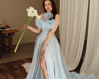 Blue Floral Evening Gown, 3D Flower Dress, Strapless Corset Dress, Luxury Ball Gown, Prom Dress, Wedding Guest Dress
