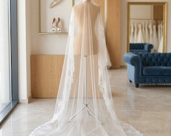 Cathedral Lace Wedding Veil, Long Bridal Veil, Soft Tulle Veil, Floral Lace Edge Veil, Ivory Wedding Veil, Chapel Veil, Bridal Accessories