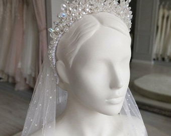 Corona nupcial de cristal con velo, tiara de diamantes de imitación marquesa, accesorio para tocado de boda