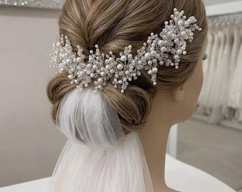 Adorno para el cabello de novia con perlas, accesorio para el cabello de boda, tocado de novia de cristal, adorno para el cabello con perlas, peineta de novia, accesorio para el velo de novia