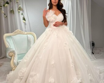 Luxury Floral Wedding Dress, 3D Flower Bridal Gown, Princess Ball Gown, Off Shoulder Wedding Dress, Romantic Tulle Wedding Dress