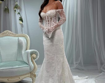 Lace Wedding Dress, Off Shoulder Bridal Gown, Long Sleeve Wedding Dress, Mermaid Bridal Dress, Corset Wedding Gown, Romantic Bride