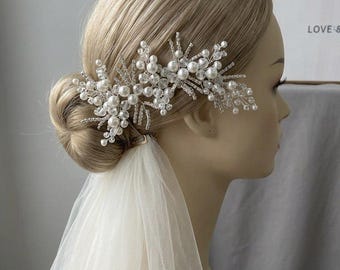 Adorno para el cabello de novia con perlas, accesorio para el cabello de boda, adorno para el cabello de cristal, tocado de novia, pinza para el cabello para moño de boda, joyería para el cabello de novia