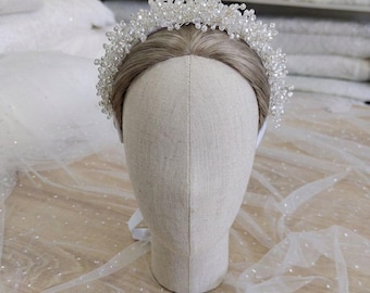 Diadema nupcial de perlas y cristal, tiara nupcial hecha a mano, tocado nupcial con cuentas, accesorio de lujo para el cabello de novia, corona de perlas para la novia