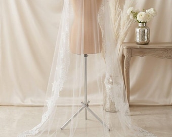 Velo de novia de encaje estilo catedral, velo de novia largo, velo con borde de encaje, velo de tul suave, velo de longitud catedral, elegantes accesorios de novia