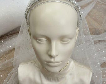 Velo de novia brillante con diadema de cristal, velo de boda con purpurina, elegante velo de novia color marfil, accesorio para el cabello de boda, velo de novia hecho a mano.