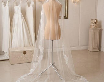 Velo de novia de encaje catedral, velo de novia largo con borde de encaje floral, velo de tul suave, velo de novia color marfil, velo de novia elegante