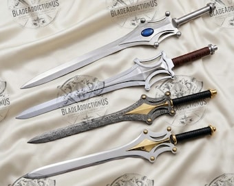 Hand-Forged HE-MAN Power Swords |  MOTU Replica Swords, Leather Sheath, Brass Accents | Decor Prop