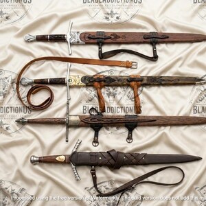 May include: Four swords with scabbards arranged horizontally. The top three have wooden scabbards with leather straps and metal crossguards. The bottom sword features a dark brown leather scabbard with a woven design and a metal crossguard.