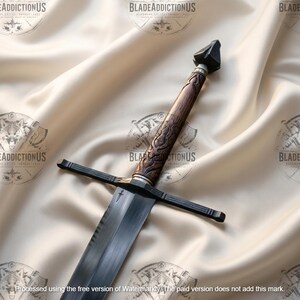 May include: A sword with a dark steel blade featuring a small etched dagger symbol near the crossguard. The handle is made of dark wood with intricate carved patterns, finished with a dark metal pommel and a straight, black crossguard.