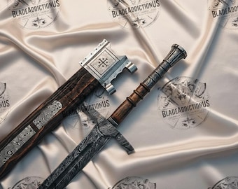 Épée et fourreau de croisé en acier damas forgés à la main | Mariage, cadeau de garçon d'honneur, cadeau de Noël