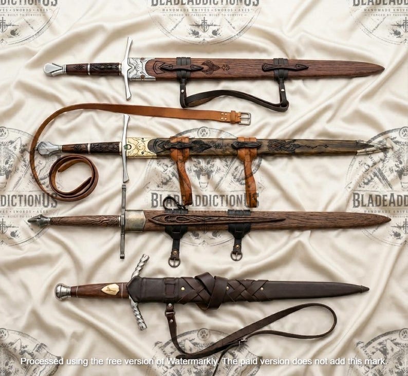 May include: Four swords with scabbards arranged horizontally. The top three have wooden scabbards with leather straps and metal crossguards. The bottom sword features a dark brown leather scabbard with a woven design and a metal crossguard.