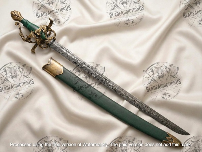 May include: A sword with a patterned Damascus steel blade, a green handle, and an ornate gold-coloured metal guard featuring leaf-like details. The sword is accompanied by a matching green scabbard with gold-coloured metal accents at both ends.