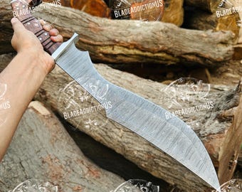 Couteau Kukri en acier damas forgé à la main | Couteau de camping manche en bois de rose, étui en cuir