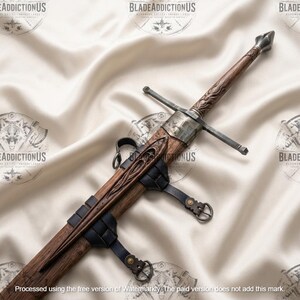 May include: A sword with a wooden hilt and scabbard featuring intricate carved patterns, a metallic crossguard, and a pointed pommel. The scabbard is secured with black leather straps and metal buckles, showcasing detailed craftsmanship and design.