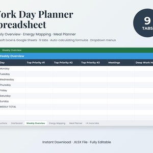 Planificador de jornada laboral en hoja de cálculo, priorizador de tareas para profesionales, plantilla de horario semanal, Excel para la gestión del tiempo, organizador profesional