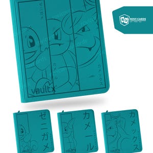 May include: A teal zippered trading card binder featuring a three-panel graphic of three different turtle-like creatures with Japanese text and the Vault X logo. Below are three smaller individual binders, each displaying one of the creatures.