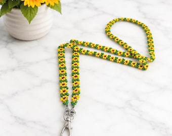 Sunflower Daisy Chain Beaded Lanyard, Yellow Floral ID Badge Holder, Name Tag Strap, Teacher Gift, Handmade Canada