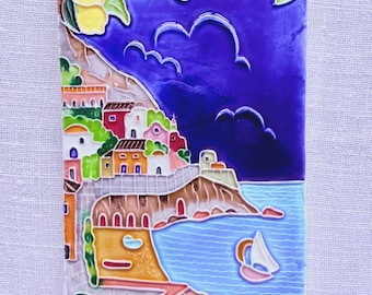 Signed Hand Painted Amalfi Coast Ceramic Tile Wall Plaque Italian Majolica Lemon Seascape Art