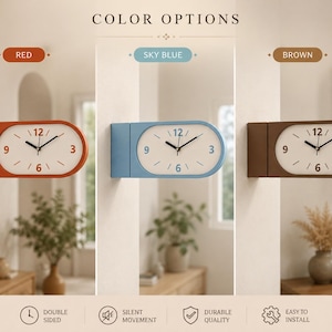 May include: Three wall-mounted clocks in red, sky blue, and brown. Each oval clock features a white face with black hands and numbers 3, 6, 9, and 12. Text includes COLOR OPTIONS, DOUBLE SIDED, SILENT MOVEMENT, DURABLE QUALITY, and EASY TO INSTALL.