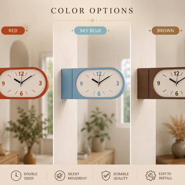 May include: Three wall-mounted clocks in red, sky blue, and brown. Each oval clock features a white face with black hands and numbers 3, 6, 9, and 12. Text includes COLOR OPTIONS, DOUBLE SIDED, SILENT MOVEMENT, DURABLE QUALITY, and EASY TO INSTALL.