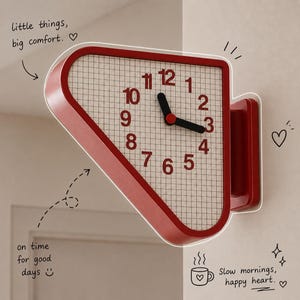May include: A red, triangular wall clock with a white grid face and red numbers. The clock features black hands and is mounted to the wall. Text on the image reads: little things, big comfort. ♡, on time for good days ☺, and Slow mornings, happy heart. ♡