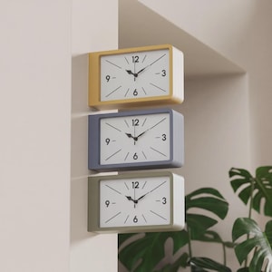 Op de afbeelding: Drie rechthoekige wandklokken verticaal boven elkaar op een muurhoek. Elke klok heeft een witte wijzerplaat met zwarte cijfers op 3, 6, 9 en 12, zwarte wijzers en dunne zwarte streepjes. De frames zijn geel, blauw en saliegroen van kleur.
