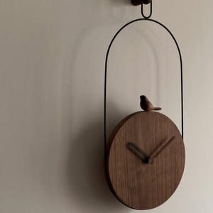 Wooden Bird Wall Clock, Modern Hanging Wall Clock, Minimalist Wood Metal Clock, Unique Housewarming Gift, Silent Wall Clock
