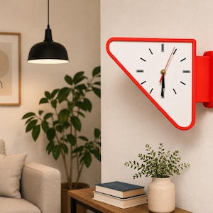 Op de afbeelding: Een wandklok met een driehoekige witte wijzerplaat en een felrode omlijsting. De klok heeft zwarte uurmarkeringen, een zwarte urenwijzer, een zwarte minutenwijzer en een dunne rode secondewijzer, bevestigd aan de muur met een rode beugel.
