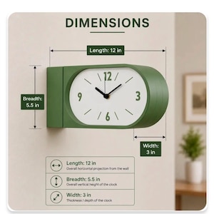 May include: A green wall-mounted clock with a white face, black hands, and green numerals 3, 6, 9, and 12. The clock features dimensions of 12 inches in length, 5.5 inches in breadth, and 3 inches in width, as indicated by the provided measurement labels.