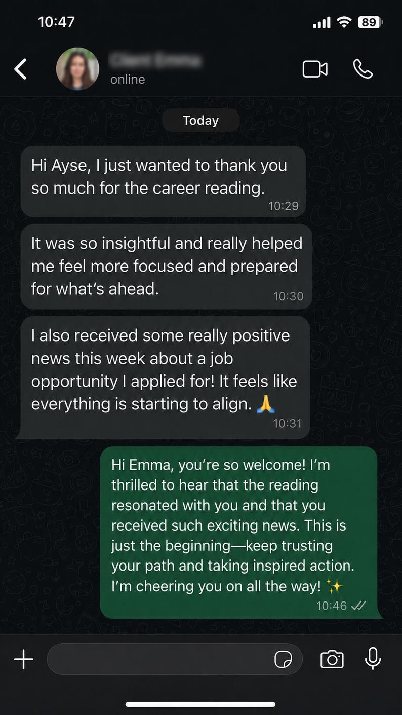 May include: A digital screenshot of a mobile messaging conversation between two people. The text bubbles contain messages expressing gratitude for a career reading, sharing positive job news, and offering supportive encouragement with emojis.