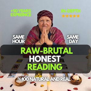 May include: A person wearing a maroon patterned head covering and a dark red shawl with hands pressed together in a prayer gesture. In front are tarot cards, two wooden bowls, candles, and scattered petals with text reading RAW-BRUTAL HONEST READING.
