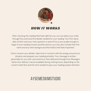 May include: An informational graphic titled HOW IT WORKS featuring a circular photo of a person in a red garment at the top and the text AYSEMEDIUMSTUDIO at the bottom. The text explains the process for ordering a reading, including submitting personal details and receiving the final message through Etsy Messages.