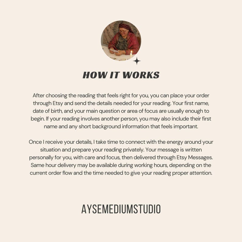 May include: An informational graphic titled HOW IT WORKS featuring a circular photo of a person in a red garment at the top and the text AYSEMEDIUMSTUDIO at the bottom. The text explains the process for ordering a reading, including submitting personal details and receiving the final message through Etsy Messages.