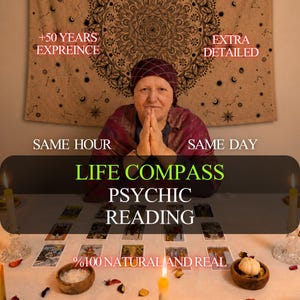 May include: A person wearing a dark head covering and a purple shawl with hands pressed together. The table features tarot cards, two lit candles in glass holders, and two small wooden bowls. Text reads: +50 YEARS EXPREINCE, EXTRA DETAILED, SAME HOUR, SAME DAY, LIFE COMPASS PSYCHIC READING, %100 NATURAL AND REAL.