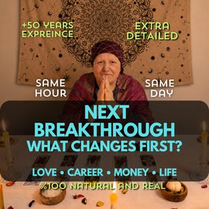 Op de afbeelding: Een persoon met gevouwen handen voor een tafel met tarotkaarten, kaarsen en kommen. De tekst luidt: +50 YEARS EXPREINCE, EXTRA DETAILED, SAME HOUR, SAME DAY, NEXT BREAKTHROUGH WHAT CHANGES FIRST? LOVE, CAREER, MONEY, LIFE, %100 NATURAL AND REAL.