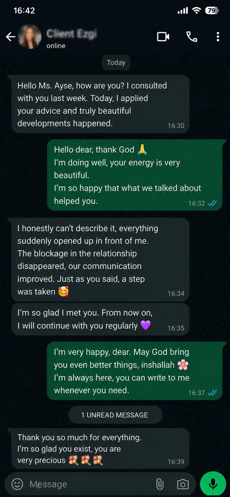 May include: A screenshot of a mobile messaging application interface showing a conversation between two people. The chat history includes text messages in English, emojis, and timestamps, with a dark mode theme and a contact name at the top.