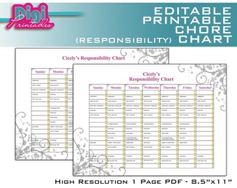 Editable / Printable Chore Chart Responsibility Chart - 8.5"x11" PDF - Instant Download