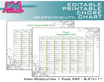 Editable / Printable Chore Chart Responsibility Chart - 8.5"x11" PDF - iNSTANT Download