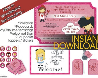 Alice In Wonderland Themed Birthday Party Editable Kit - printable / digital download