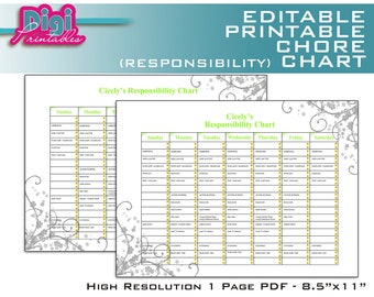 Editable / Printable Chore Chart Responsibility Chart - 8.5"x11" PDF - Instant  Download