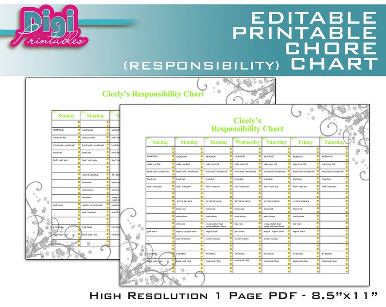Puede incluir: Tabla de tareas imprimibles y editables con un dise&ntilde;o floral. La tabla est&aacute; etiquetada como "Cicely's Responsibility Chart" e incluye d&iacute;as de la semana, secciones de ma&ntilde;ana, tarde y noche. La tabla mide 8,5 pulgadas por 11 pulgadas.