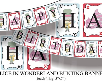 Alice In Wonderland Bunting Banner - Happy Birthday - DIGITAL DOWNLOAD