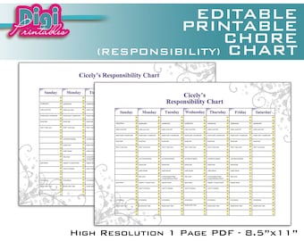 Editable / Printable Chore Chart Responsibility Chart - 8.5"x11" PDF - Instant DOWNLOAD