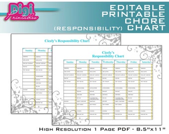 Editable / Printable Chore Chart Responsibility Chart - 8.5"x11" PDF - Instant Download