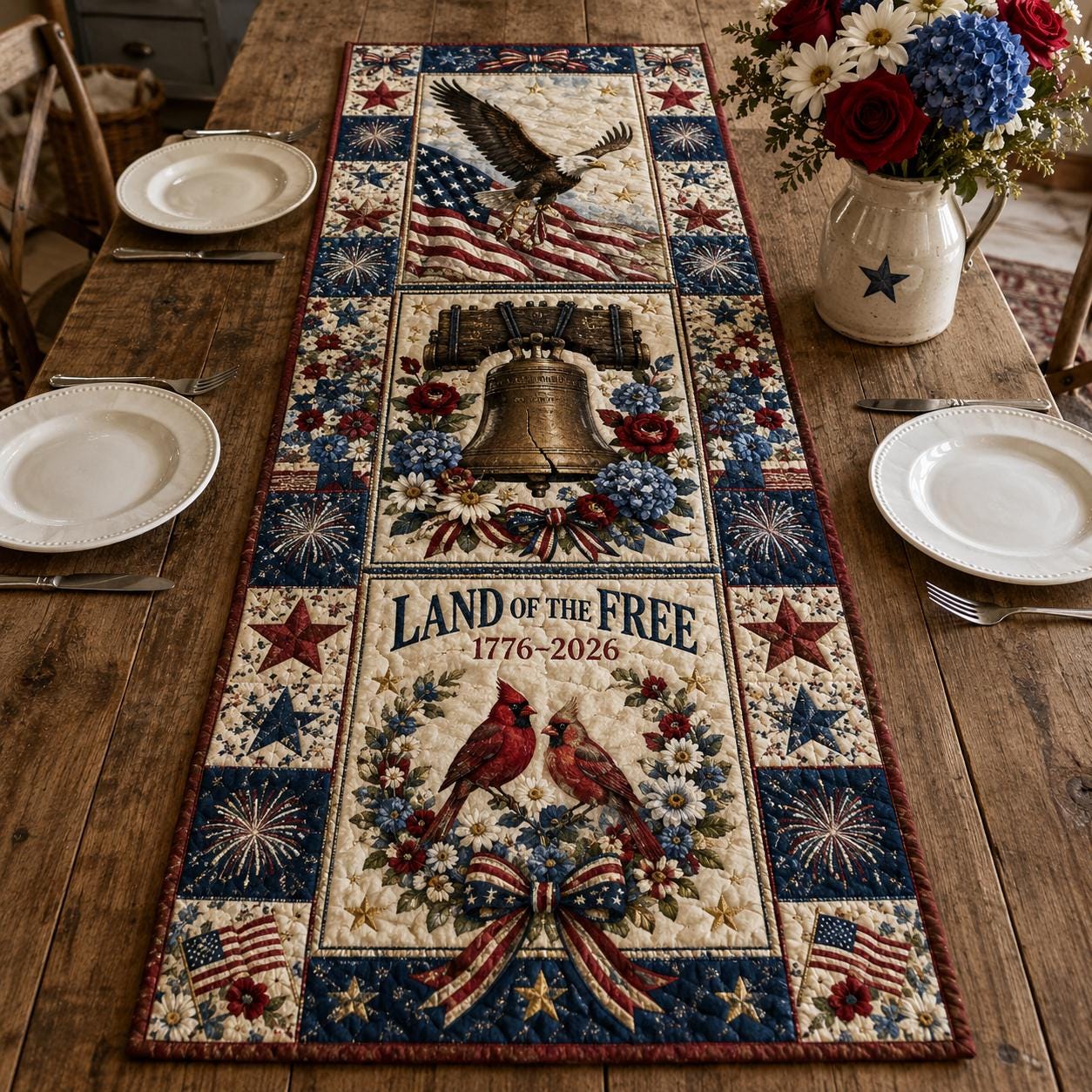 Discover Patriotic Quilted Table Runner, Land of the Free, Liberty Bell Eagle Decor