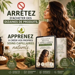 Peut inclure: Un guide numérique intitulé Le Grand Guide des Soins Capillaires Naturels Maison de 77 pages. La couverture présente une personne aux longs cheveux ondulés, des illustrations botaniques et le texte détaillant 50 recettes et programmes.