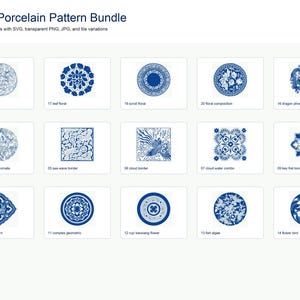 May include: A digital collection titled Blue Porcelain Pattern Bundle containing 15 blue and white motifs. The set includes various circular and square designs featuring floral, geometric, dragon, phoenix, and cloud patterns in SVG, PNG, and JPG formats.